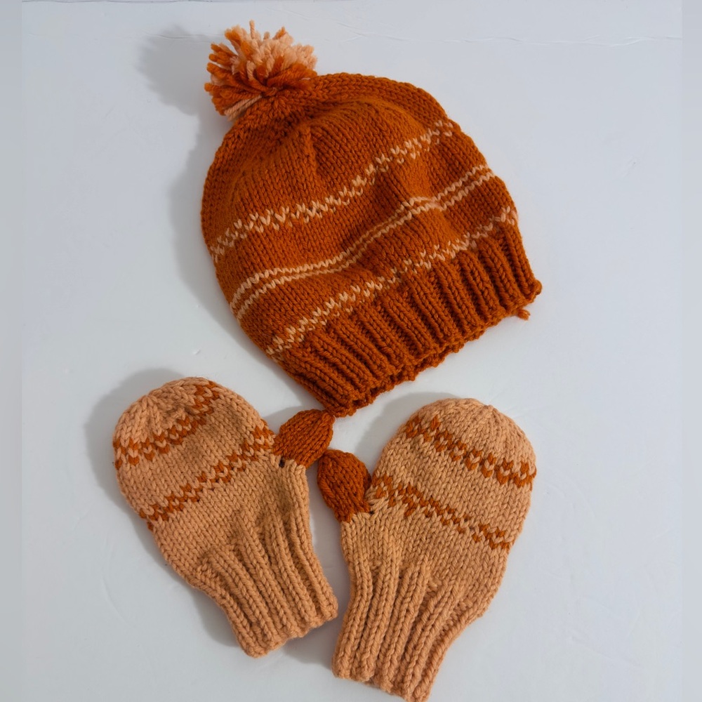 Cozy Orange Knit Hat and Mittens Set for Kids (G9)